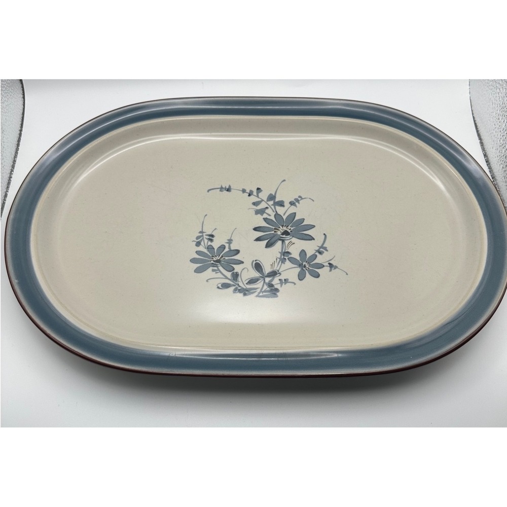 Vtg‎ Noritake Pleasure 8344 Stoneware Oval Serving Platter Blue Floral Japan 14"